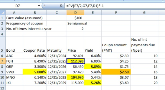 D7 A B 1 Face Value (assumed) 2 Frequencvy of coupon 3 No. of times interest a year fix =PV(E7/2,67,F7,01)*-1 cc E $100 Semia