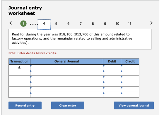 Journal entry worksheet 5 6 7 8 9 10 10 11 11 Rent for during the year was $18,100 $13,700 of this amount related to factory