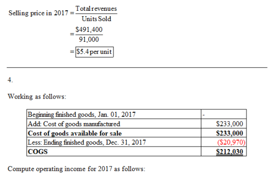 Totalrevenues Selling price in 2017 Units Sold $491,400 91,000 $5.4per unit 4. Working as follows: Beginning finished goods,