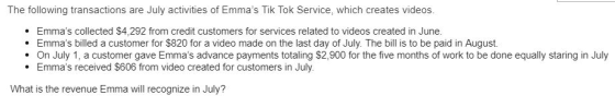The following transactions are July activities of Emmas Tik Tok Service, which creates videos. • Emmas collected $4,292 fro