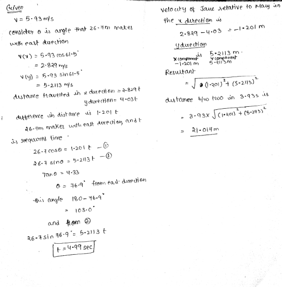 ALLE 5.2013 Guven V=5.93 mis consider o is angle that 26-7m mates with east duection NO) = 5.93 cos 61-5 - 2.829 m/s vly) = 5