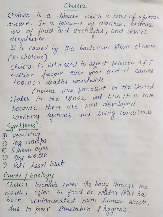 Cholera Cholera is a disease which is kind of infectious disease. It is followed by diarrhea, extreme loss of fluid and elect