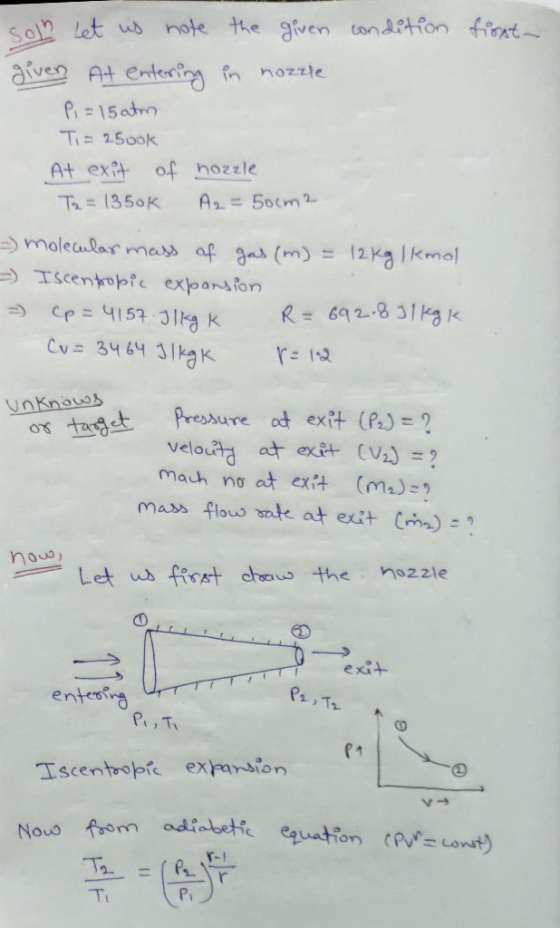 condition firsta soln Let us note the given given At entering in nozzle P = 15 atm Ti= 25ook At exit of hozzle Ta = 1350k A2