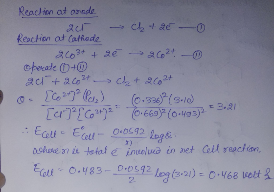 Reaction at anode act Cl + 2€ - 0 Reaction at Cathode 2003+ + 2 ě 260 2t - ofereate 0+0 20 + 2003 Cla+2002+ = [Co2+7² (PC/2)