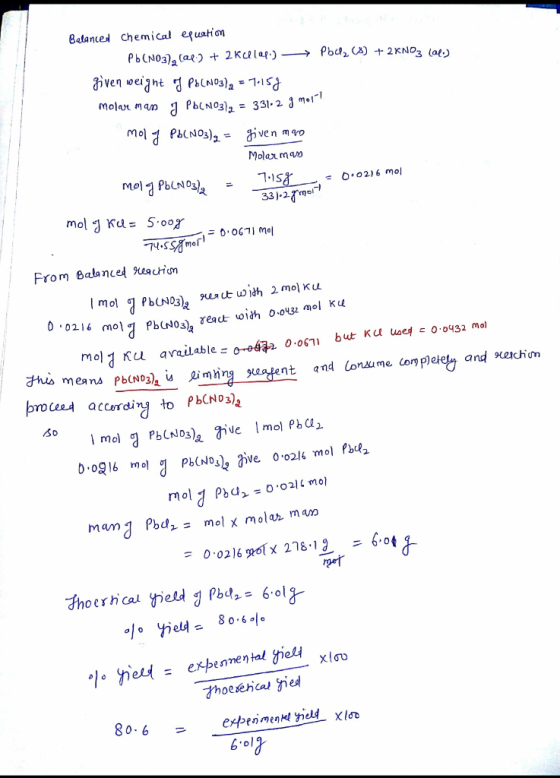 = 0.02) 6 mol Balanced chemical equation Pb(NO3), (02) + 2 Kallel.) → Pode (>) + 2XN03 (ol.) given weight of Pb(NO3)₂ = 7.158