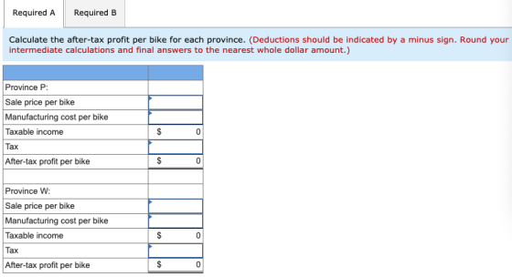 Required A Required B Calculate the after-tax profit per bike for each province. (Deductions should be indicated by a minus s