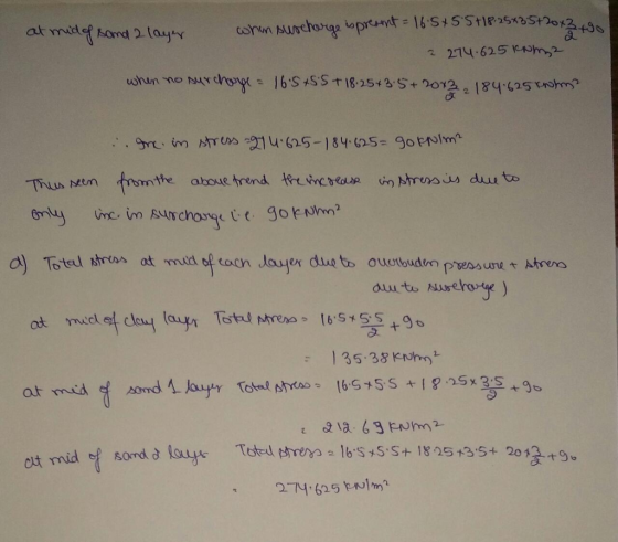 at mid of sand 2 layer when surcharge is present = 16.5+ 5 5+18:25*35+2012 2274.625 IN when no surcharge = 16.5 +SS+ 18.25 +3