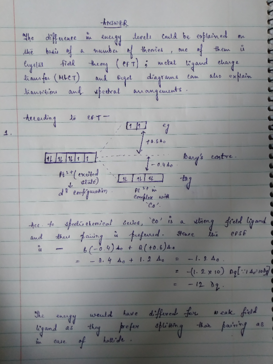 ANSWER the difference in energy devels could be explained on the basis of a number of theories , one of them ů Crystal field