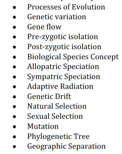 . Processes of Evolution » Genetic variation . Gene flow . Pre-zygotic isolation . Post-zygotic isolation . Allopatric Specia