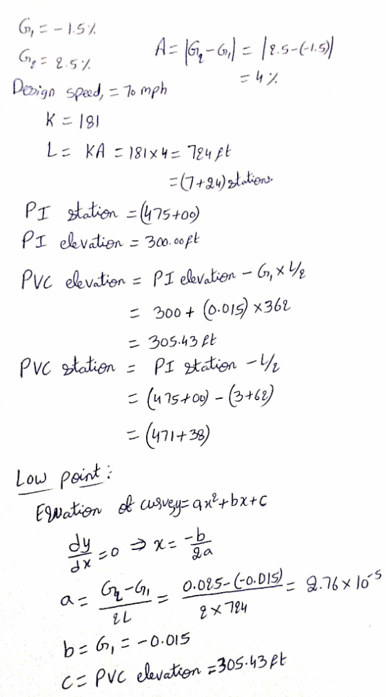 -15% - Ge= 2.54 A=(G-G,) = /2.5-(-1.5)) Dezign speed, = 7o mph =4% K = 181 - L = KA = 181x4 = 724 gt =(7+24) stations PI stat