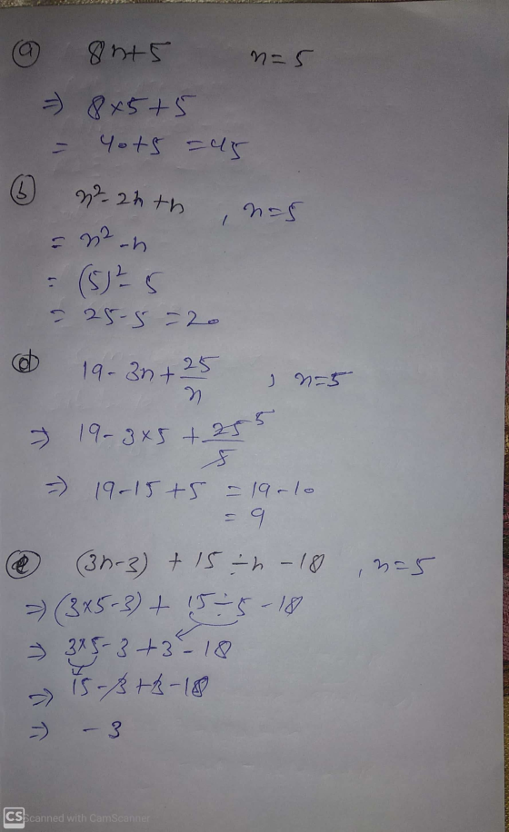 @ 8nts n=5 = 8x5+5 - Yots = 45 1 © 222h thnos -32-h = (5) ²5 = 25-5-20 19-3n+25 , n=5 > 19-3x5+255 - 19-15+5 = 19-10 (30-3) +