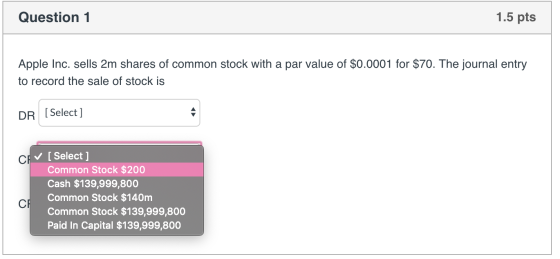 Question 1 1.5 pts Apple Inc. sells 2m shares of common stock with a par value of $0.0001 for $70. The journal entry to recor