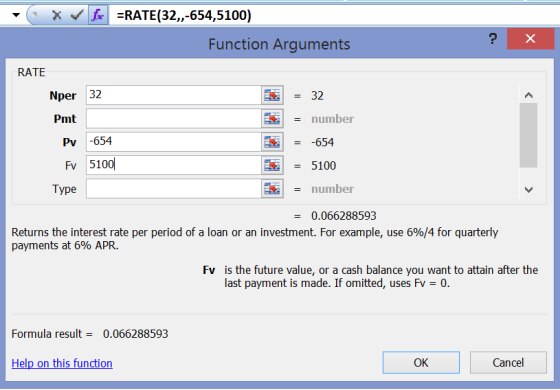* Je=RATE(32,-654,5100) Function Arguments ? X RATE Nper 32 Pmt Pv -654 Fv 5100 Type = 32 = number = -654 = 5100 * = number =