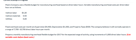 Current Allempl II Progress Myers Company uses a flexible budget for manufacturing overhead based on direct labor hours. Vari