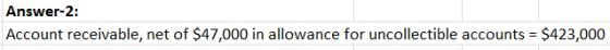 Answer-2: Account receivable, net of $47,000 in allowance for uncollectible accounts = $423,000