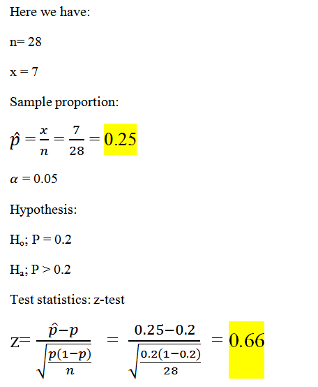 Here we have: n= 28 x= 7 Sample proportion: 7 = - = 0.25 n 28 a=0.05 Hypothesis: H.; P=0.2 H:P>0.2 Test statistics: Z-test z