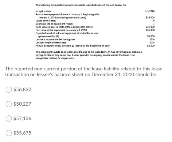 1/1/2010 The following facts pertain to a noncancelable lease between JK Co and Lessor Inc. Inception date Annual lease payme