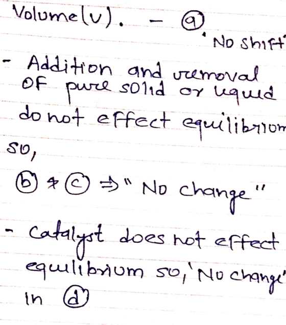 Volumelu) No Shift Additton and uemoval OF pura do not effect equilibom sol1d o uauid ONo change Catalyst does hot effect eq