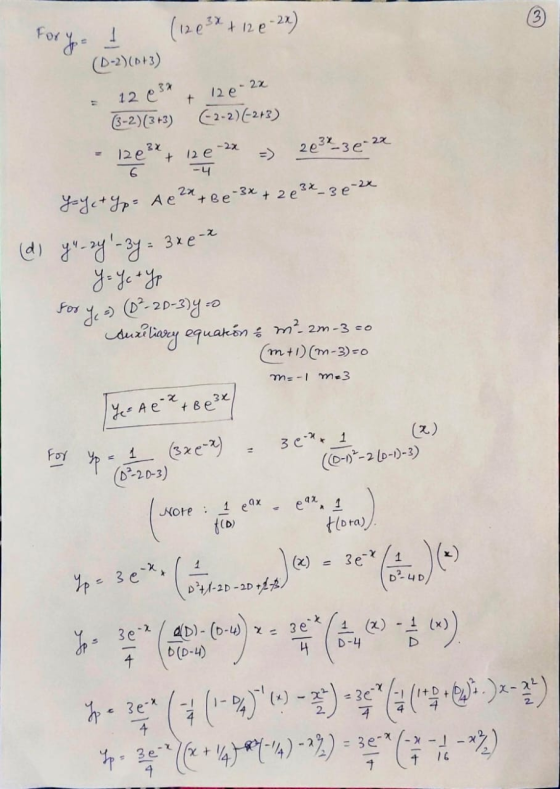 For y = I (1263* + 12 -29) (D-2)(0+3) 12 e 32 t 12 e 2x (-2-2) (-2+3) (3-2)(3+3) 12e + -2x 20 3 x 3 e 2x 12 e -4 m² 2m-3 =0 Y