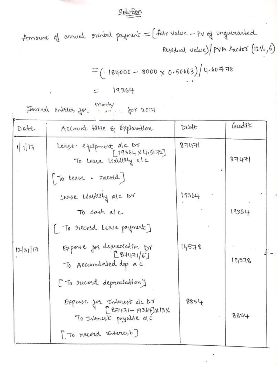 Solution Amount of annual rental payment = [fair value-Pv of unguaranted Residual vawe)/ PVA factor (12%,6) = 184000 - 8000 X