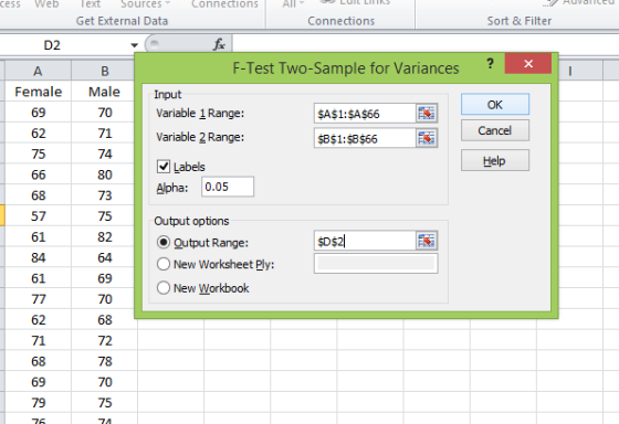 cess Web All Sort & Filter D2 X A Female 69 Text Sources Connections Get External Data Connections fic B F-Test Two-Sample fo