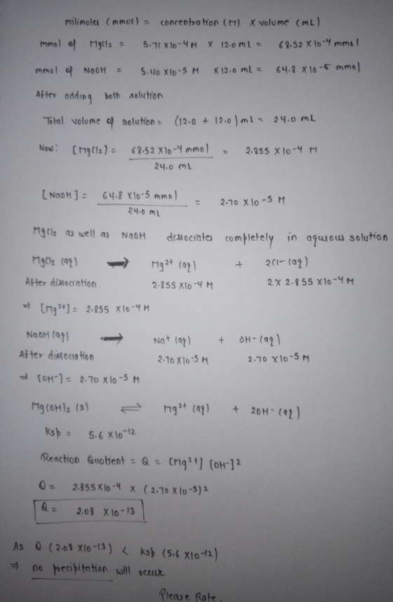 milimolu (mmol) = concentration (M) X volume (ML) mmol of MgCl2 = 5.71 x 10-4M X 12.0ML = 68.52 x 10-4 mmol mmol a NOOH = 5.4