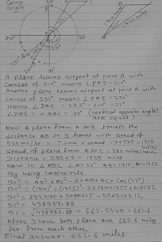 Course angle PL 1710 nice (२२० 1755 miles 210 231° 224 232° C 2/03 180° A plane leaves airport at point A with course of 210°