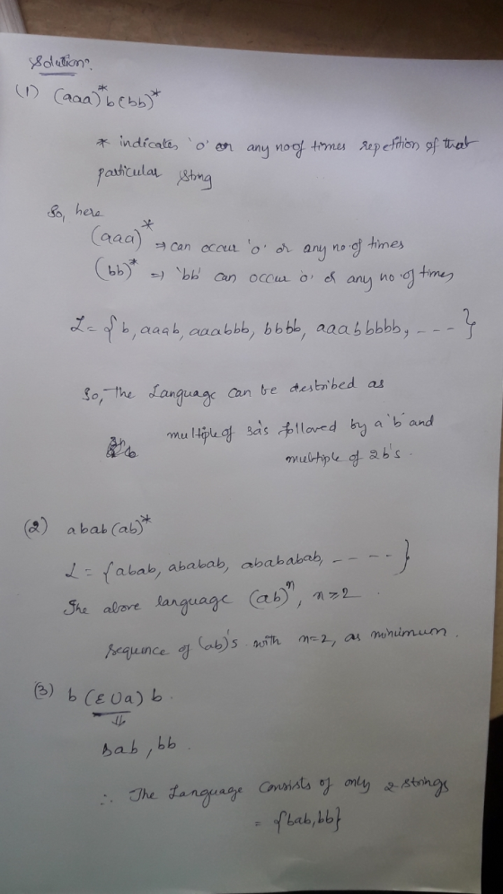 Solution (1) Cacat bebb)* * indicates oor any noof times repetition of that particular sting So, here (aaa) (bb) can occur d