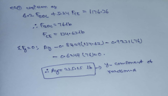 een coge tem az 6.2 FooC +5024 FCE = 1176.36 i Fage=76lb FCE = 134.65db Egzo, Ay -0.8729619467) 019271176) - 0.6247 (76)=0. |