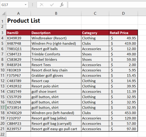 for 617 : * ДА 1 Product List В C D 2 Retail Price $ 49.95 $ 419.00 12.00 $ 49.00 $ 59.00 2.00 5.95 15.45 3 ItemID 4 X349R39