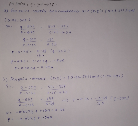 p=price, q = quantity. as for price-supply two coordinates are (p, q) = (0136,372) and (0.75,502 ) sol 502 - 372 IT q- 502 P-