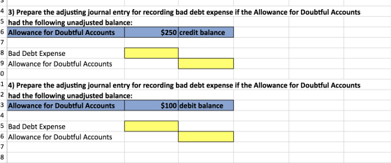 4 3) Prepare the adjusting journal entry for recording bad debt expense if the Allowance for Doubtful Accounts 5 had the foll