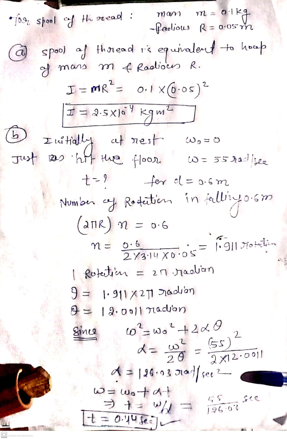 man of mars I=mr 2 = 0 = ولا we * 109 spool of the read: m = 0.1kq o lkg -Pacious R = 0.05 in @ spool af spoo) of thread is e