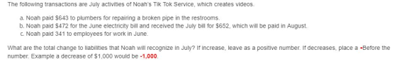 The following transactions are July activities of Noahs Tik Tok Service, which creates videos. a. Noah paid $643 to plumbers