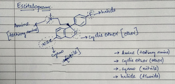 Escitaloprami a ghalide shalita Amine & Stephany uning E s en die ether [ethert Cyano nitrile → Amine (testiary amine) cyclic