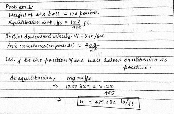 Problem 1 weight of the ball = 128 pounds, Equilibrim disp., yo ft. s 128 485 Initial donnard velocity, Vi = 9 ft.1sec Avi re