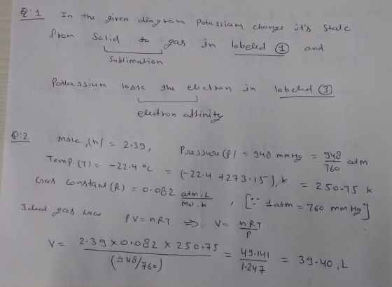 2.1 In the from given Solid diagram to gas Potassium change its stale in labeled o and Sublimation Potassium election in lab
