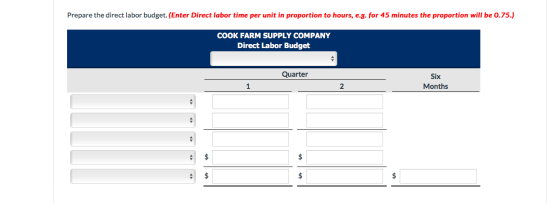 Prepare the direct labor budget. (Enter Direct labor time per unit in proportion to hours, e.g. for 45 minutes the proportion