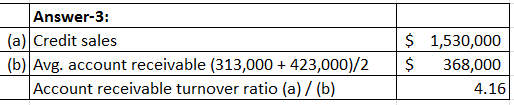 Answer-3: (a) Credit sales (b) Avg. account receivable (313,000 + 423,000)/2 Account receivable turnover ratio (a)/ (b) $ $ 1