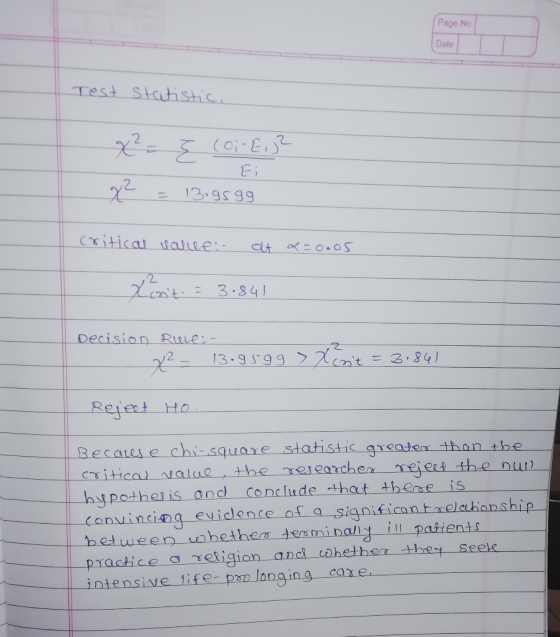 Page No Date Test statistic, x² = Ę (Oi-Eij? x² = 13.95gg Ei Criticae valle- alt X=0.05 Xenit = 3.841 Decision Rule:- 2² - 13