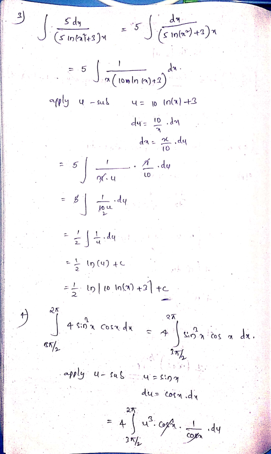 5 dy (sinfaltu da sin(n) +2)* is Jo malo more 5 dr (10min ()+2) apply u-sub 10 Incal+3 4 dy= 10.dn a daaridy 10 IN 5 A .dy 10