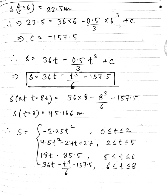 5436) - 22.5m 57 22.5 = 36 x 6 -0.5 X 6 ac ६ Sit Sleep :: Ś= 367 + С - ) S 6 0.5t 3 36t t3 - 157.5 G scat t=85). 36x8-83 -157