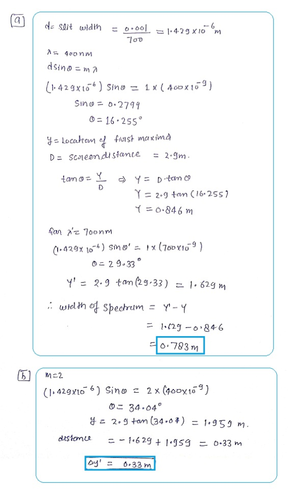 de Soit widtn =0.00 14-29 x lo m A 400 nM dsinom n (1,4 2g x toSino1x (400x 1 Sinoo.2799 016.255 Locattem fist maxima D= SCoe