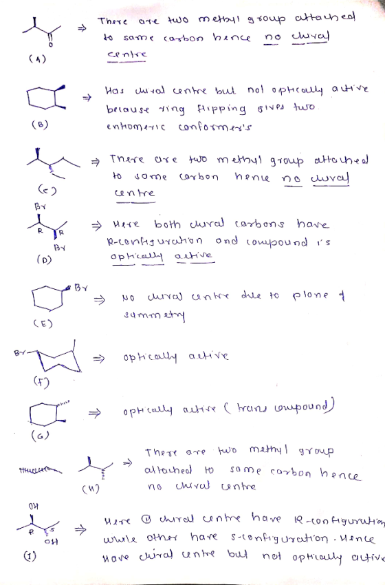 There are two methyl group attached to same carbon hence no chiral centre 1. Has chiral centre but not optically active becau