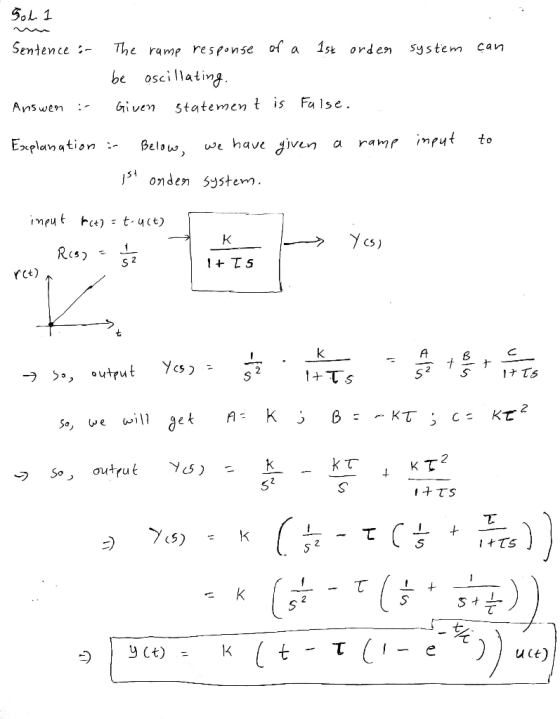 Sol 1 Sentence in 1st order system can the rame response of a be oscillating. Given statement is Answen : False. Explanation