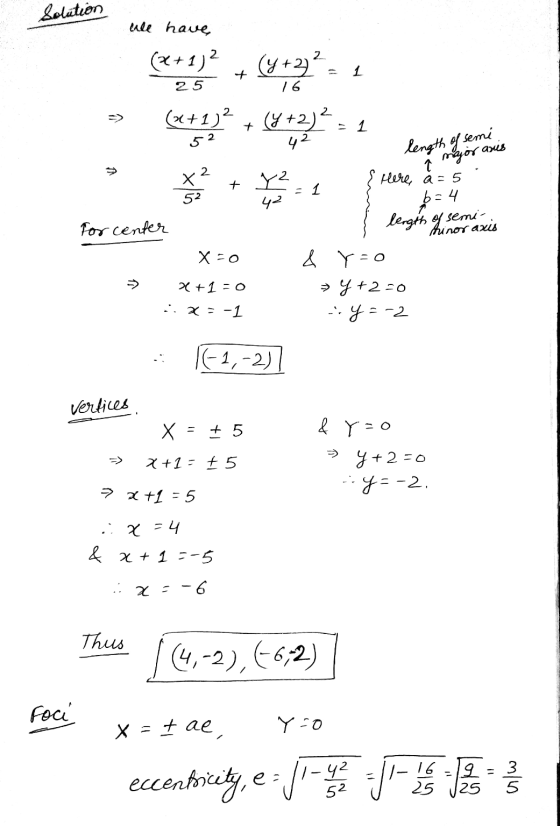 Solution ule have (x+1)2 (4+32? 1 25 16 2 (ΐ + (*2) 42 asus length of semi major 2 Х. 52 + y2 Here a = 5 $=4 42 for cente