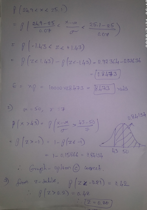 P (24.9 < x < 25.1) X-M < 24.9-25 0.07 25.1-25 2 0.07 C 8 -1.43 < ze +).43) P(201.13) - P (76-1.43) - 0.92364 -0.03436 0.8473
