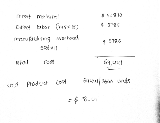 $ 52870 $ 5785 Direct maleria Direct labor (445x 137 manufacturing over head $ 5786 szóx1) Total COS 64,441 64401/ 3500 units