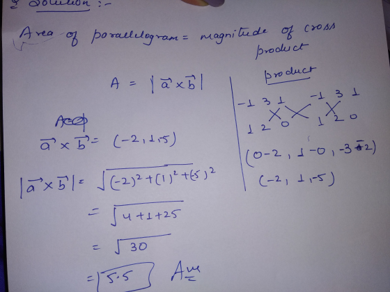 aoluleon :- of of cross parallelogram = magnitude product -431 -13 I 2 A = 1ăx51 I product Ace XXX ã x 5= (-2, 215) 10-2, 1-0