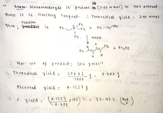 trans cinnamaldehyde is present in (2.00 mmol) in less amount. -Hence it is limiting reagent. Theoretical yield = 2:00 mmol.